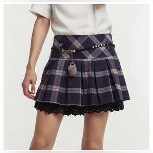 Pleated Plaid Wool Blend Punk Scene Mini Skirt Reversible Belt with Pom Pom Sz S